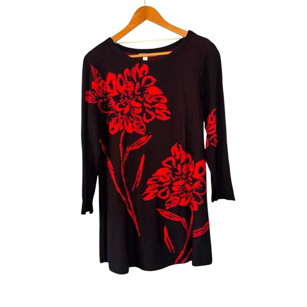 Chico's Womens Black Red Floral Tunic Sweater Pullover Size 2, US L - Picture 4 of 7